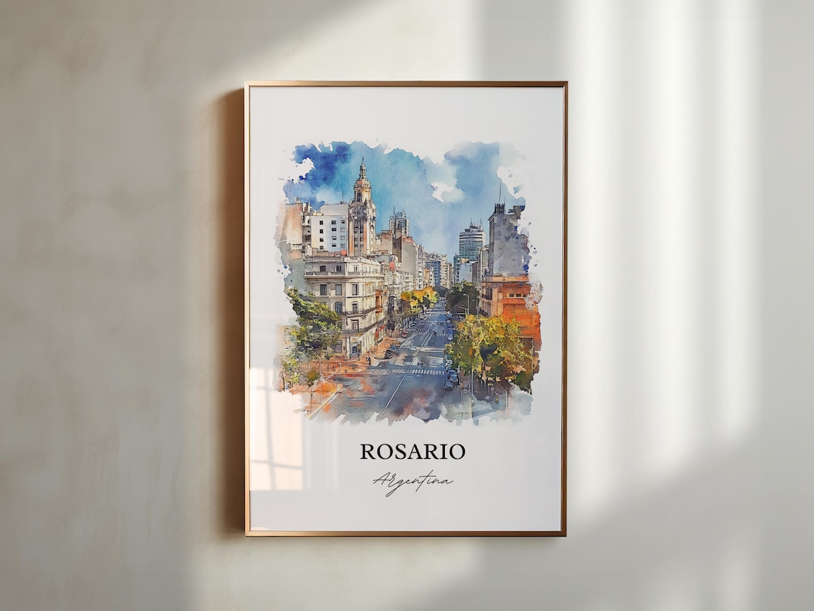Rosario Argentina Watercolor City Street Clock Tower Avenue Poster - Image 2