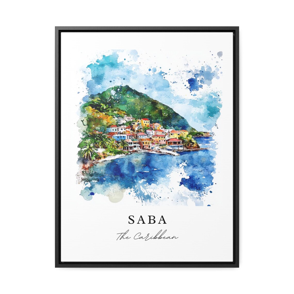 Saba Caribbean Island Coastal Town Watercolor Tropical Travel Poster