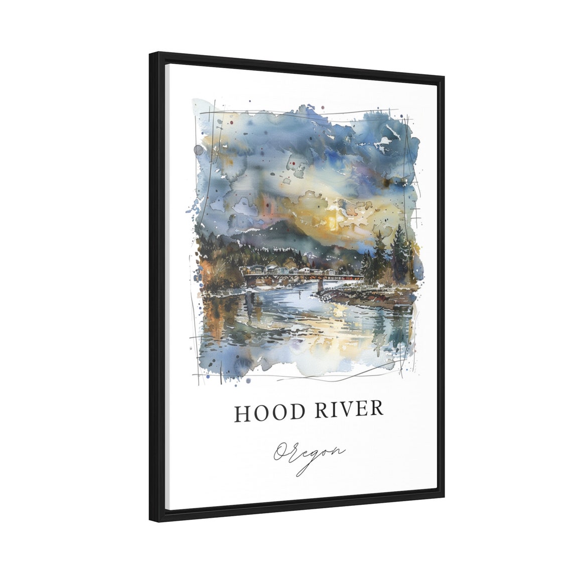 Hood River Oregon Watercolor Sunset Bridge Mountain View Poster - Image 2