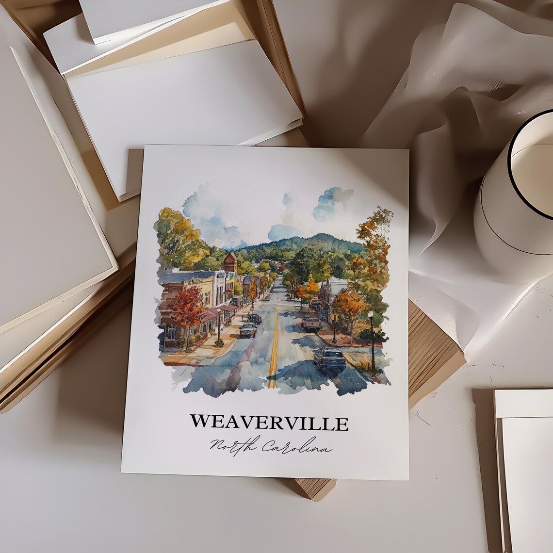 Weaverville North Carolina Main Street Watercolor Travel Gift Poster - Image 3