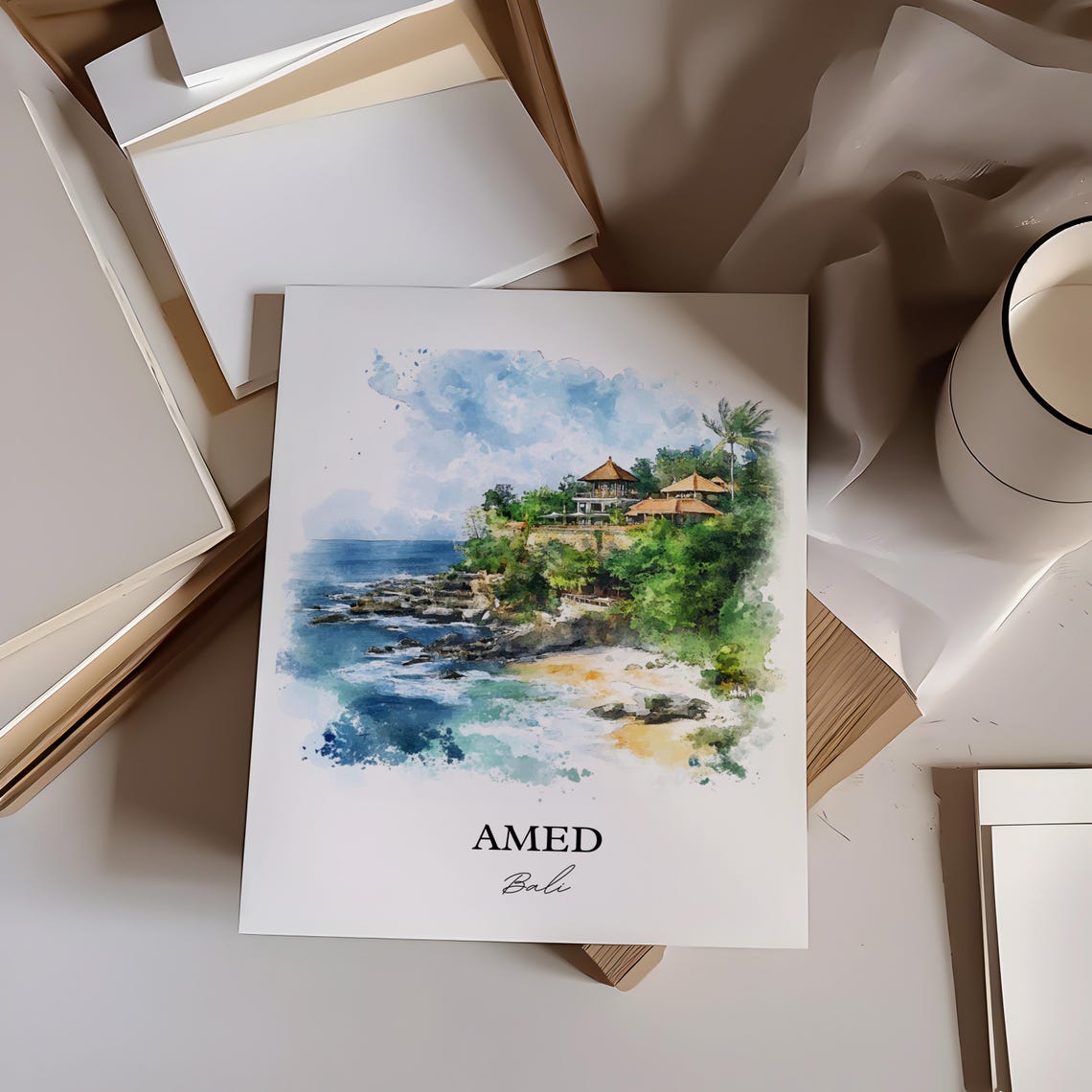 Amed Bali Watercolor Rocky Cove Cliffside Hills Ocean Poster - Image 6