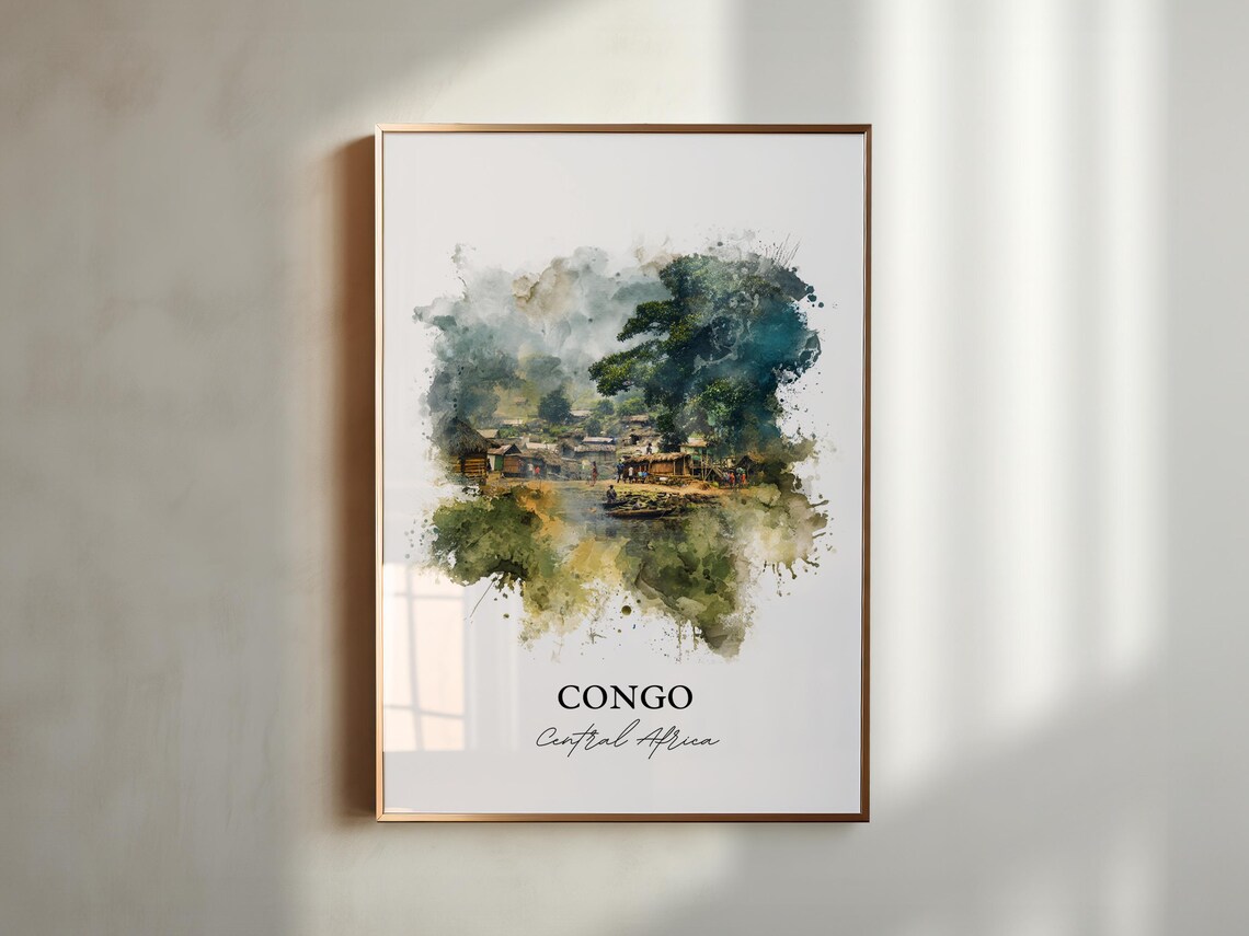 Congo Central Africa Riverside Village Watercolor Travel Poster - Image 5