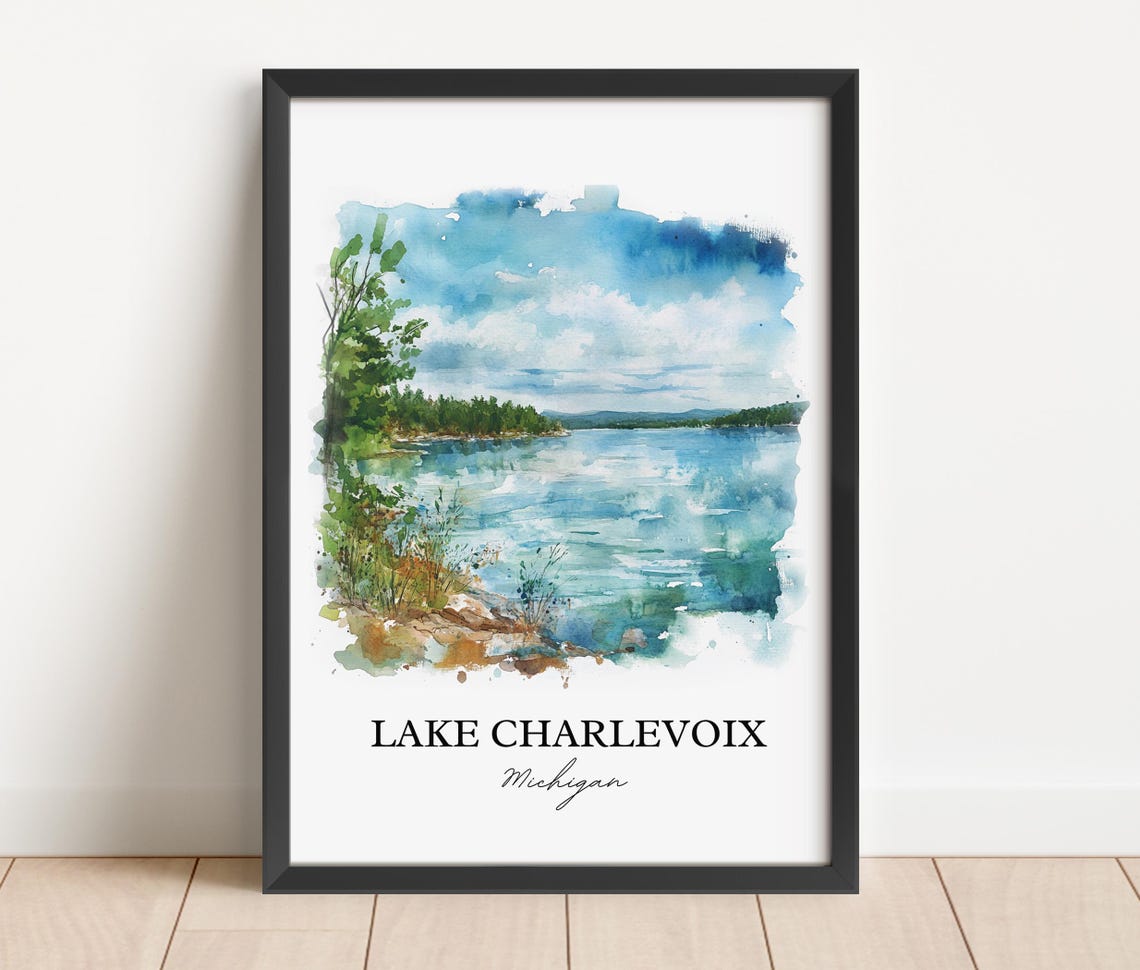 Lake Charlevoix Michigan Tranquil Lakeshore Watercolor Poster - Image 4