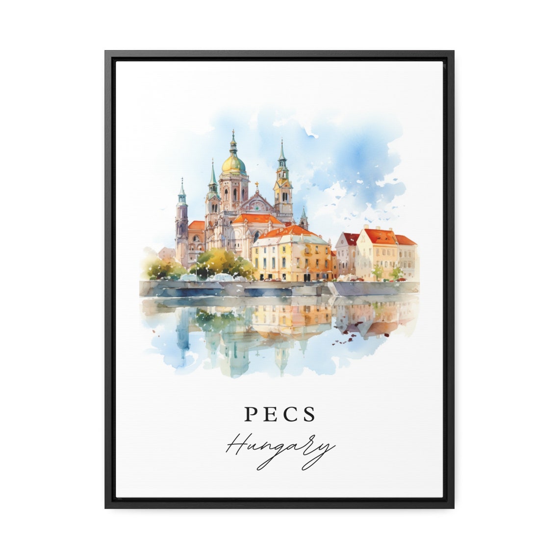 Pecs Hungary Cathedral Riverside Watercolor Cityscape Travel Poster - Image 2