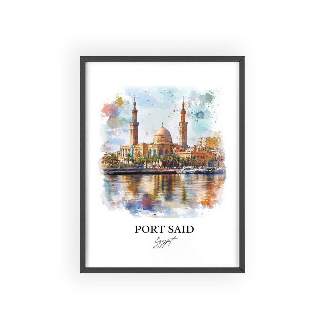 Port Said Egypt Waterfront Mosque Skyline Watercolor Art Poster - Image 2