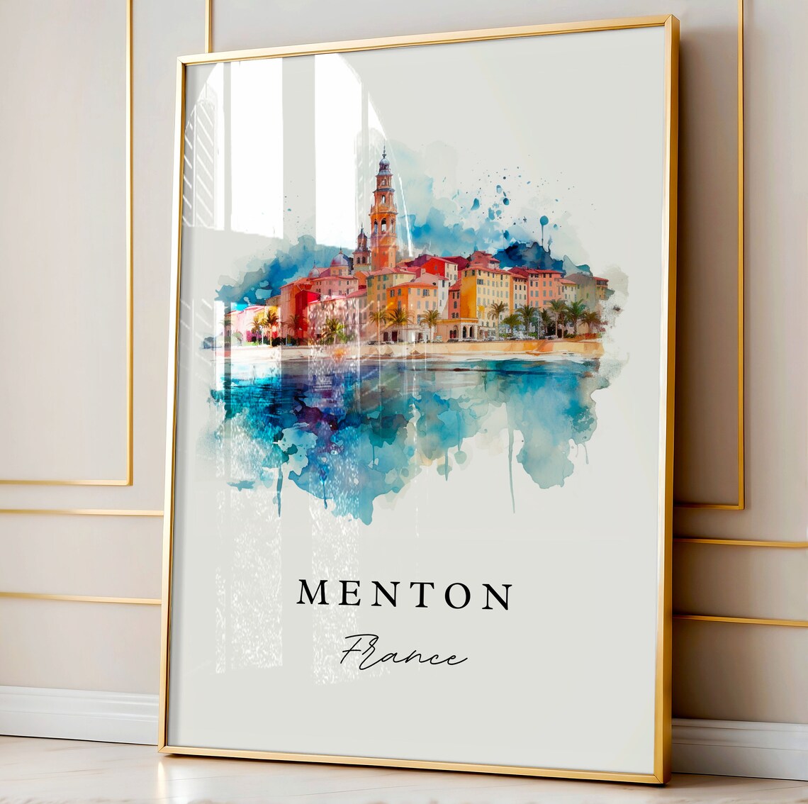 Menton France Watercolor Riviera Old Town Harbor Reflection Poster - Image 4