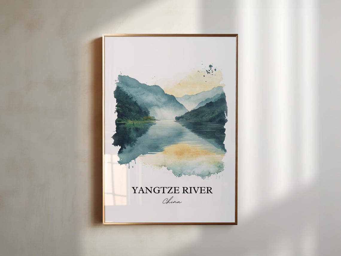 Yangtze River China Watercolor Misty Gorge River Landscape Art Print - Image 5