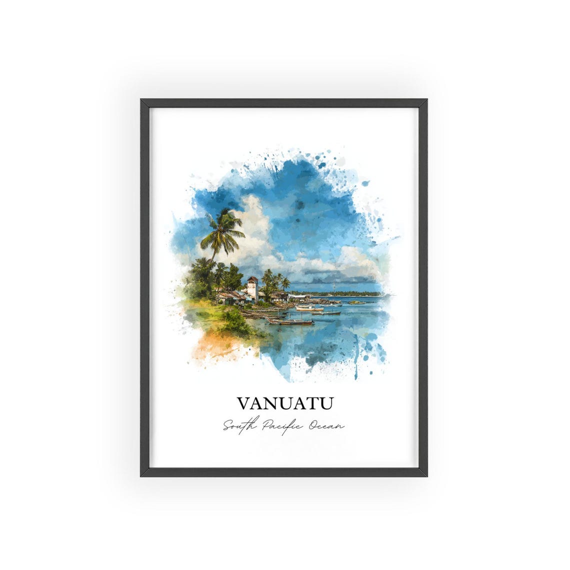 Vanuatu South Pacific Harbor Boats Watercolor Island Art Poster - Image 2