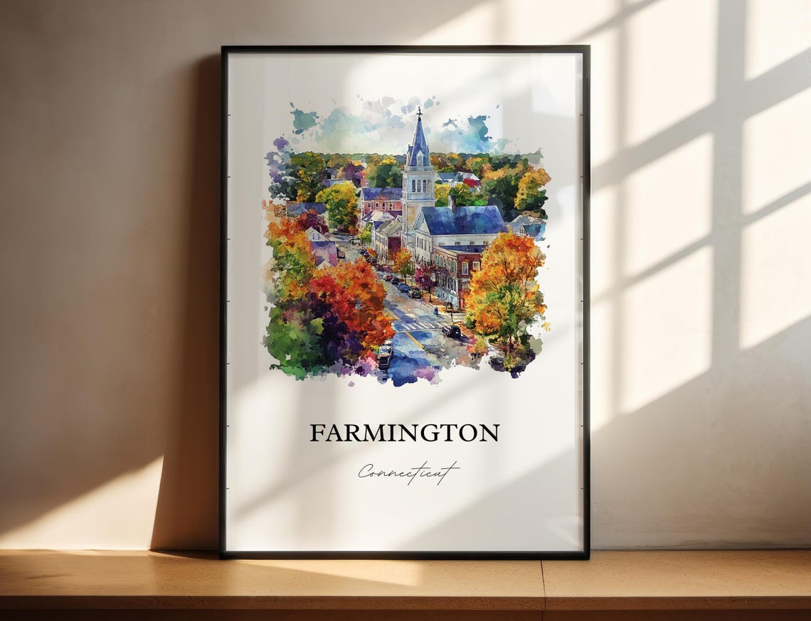 Farmington Connecticut Fall Foliage Street Watercolor Travel Poster