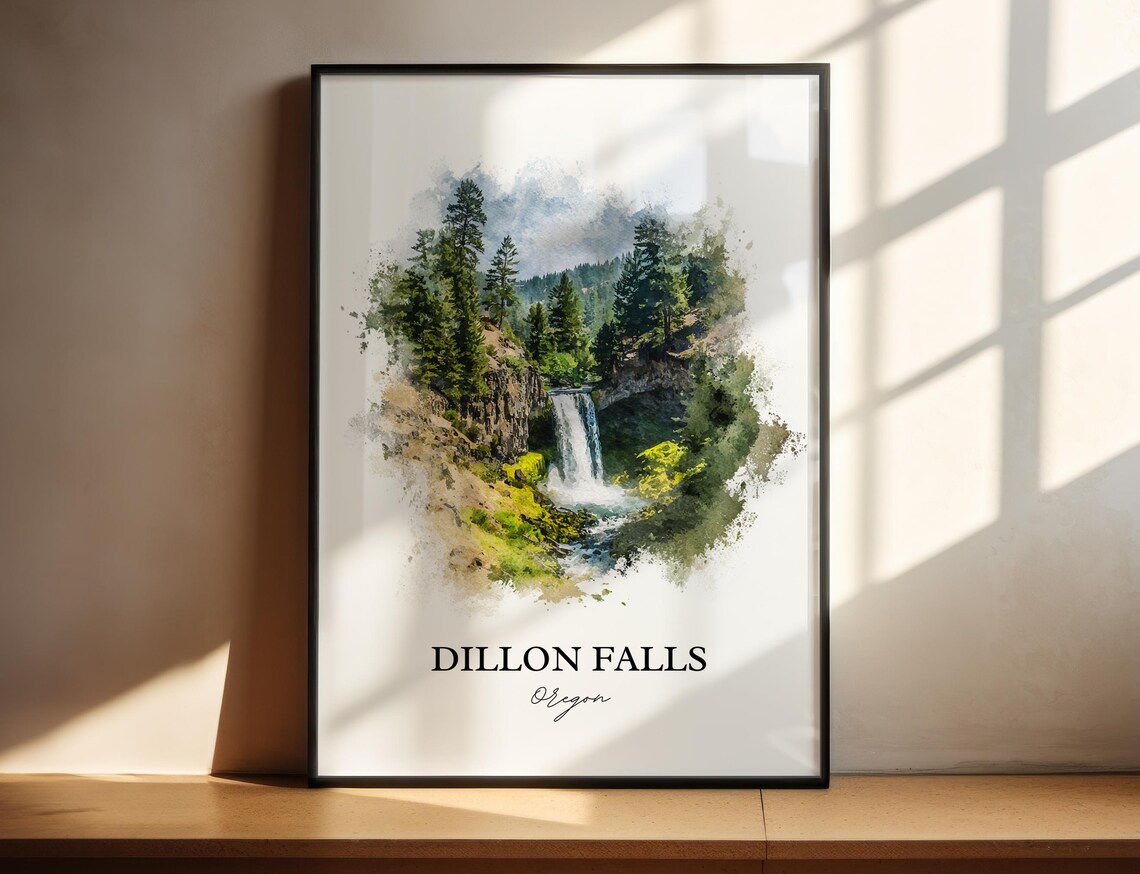 Dillon Falls Oregon Forest Waterfall Watercolor Nature Poster