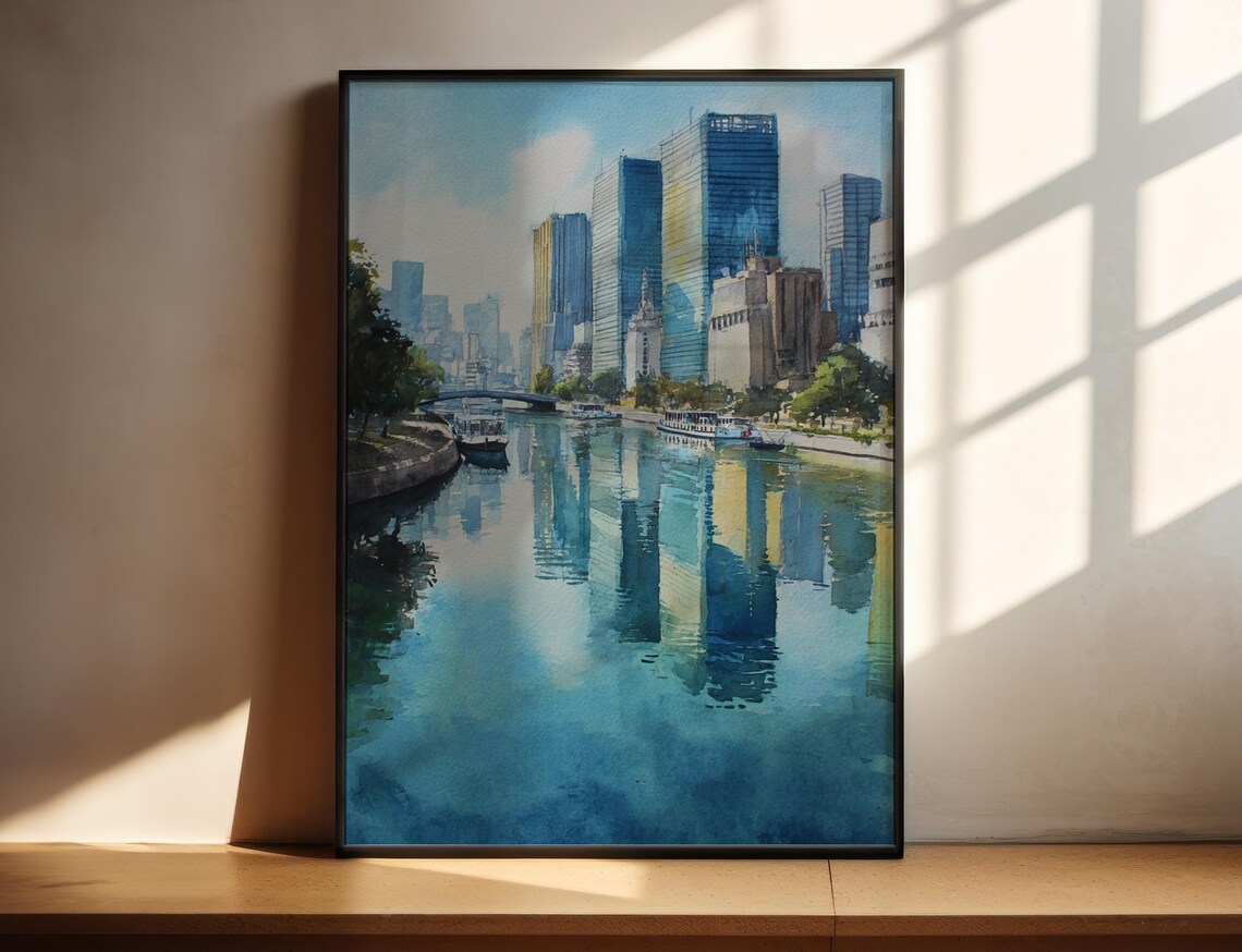 City River Skyline Reflections Blue Watercolor Urban Scene Poster