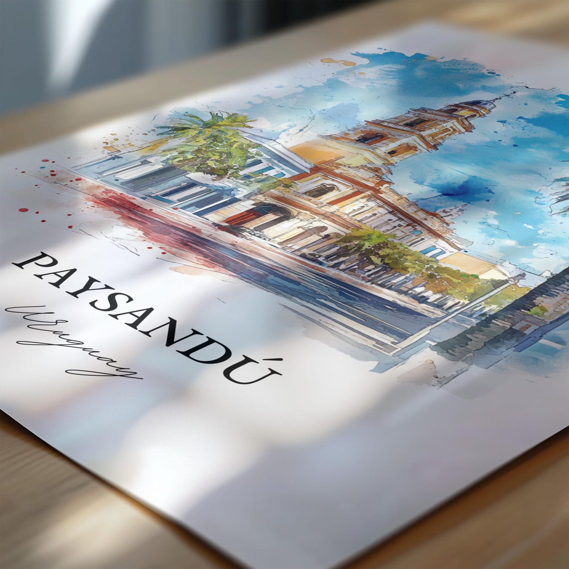 Paysandu Uruguay Watercolor Bell Tower Palm Trees Plaza Poster - Image 6