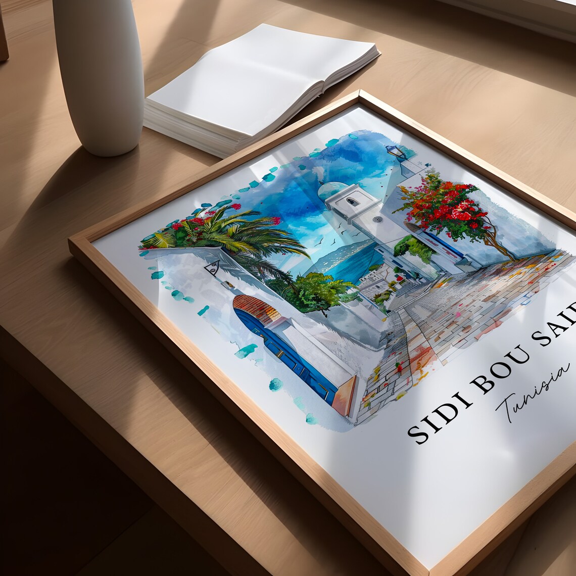 Sidi Bou Said Tunisia Watercolor Blue White Village Street Print - Image 5