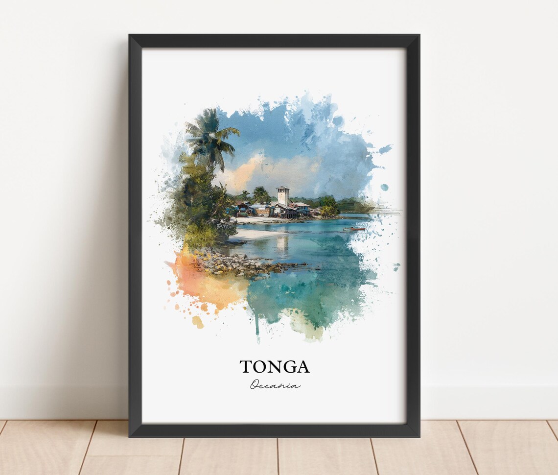 Tonga Oceania Turquoise Bay Village Watercolor Island Art Poster - Image 3