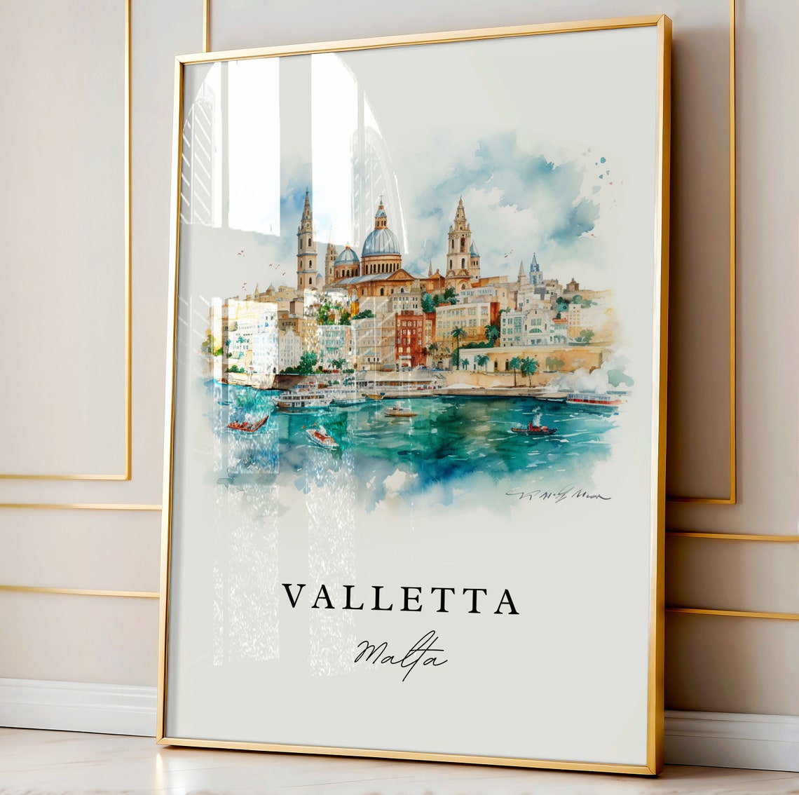 Valletta Malta Historic Harbor Skyline Watercolor Travel Poster - Image 4