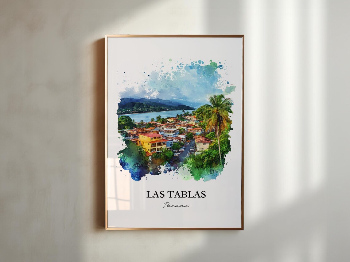 Las Tablas Panama Coastal Town Bay Palm Aerial Watercolor Poster - Image 5