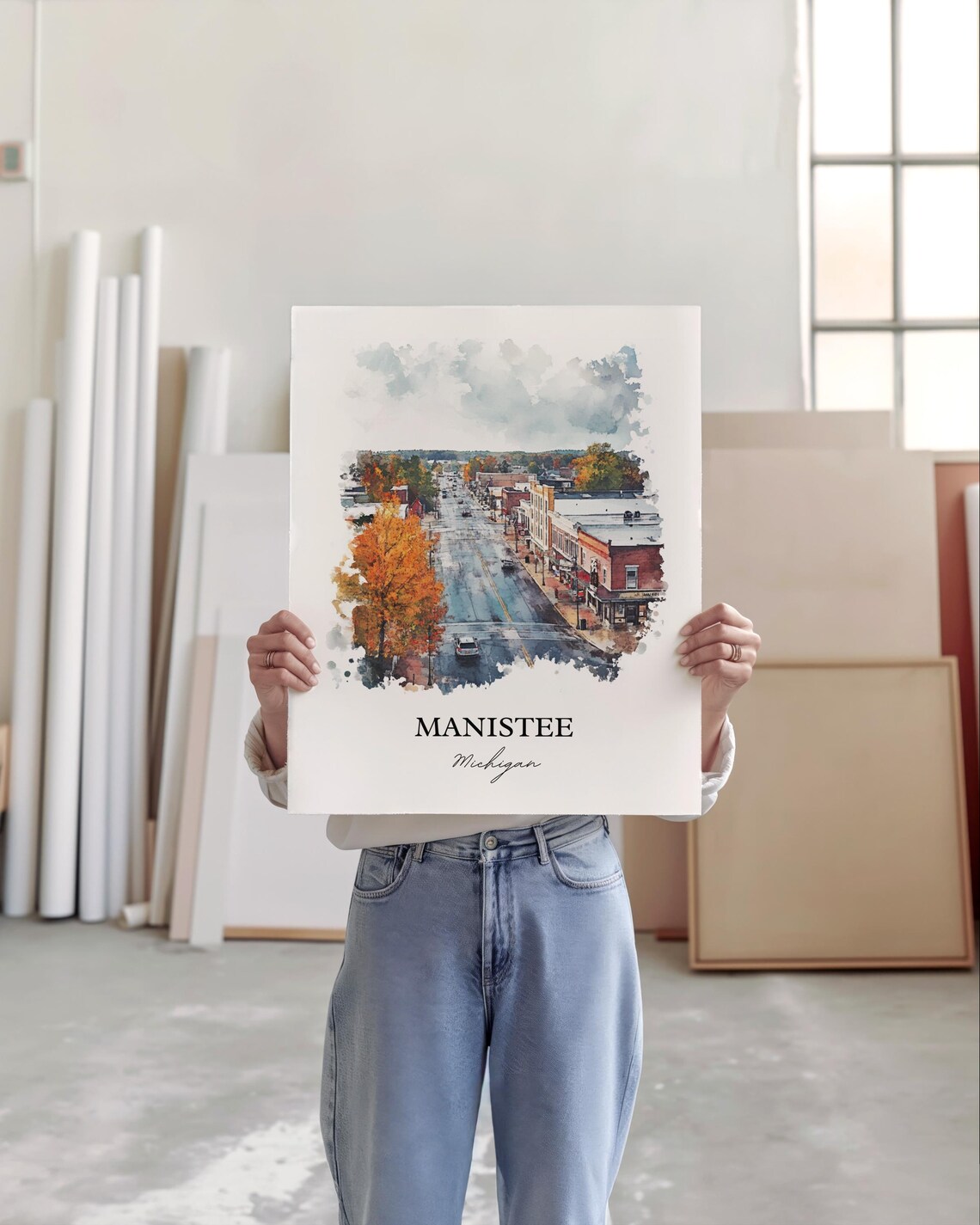 Manistee Michigan Autumn Main Street Small Town Watercolor Poster - Image 5