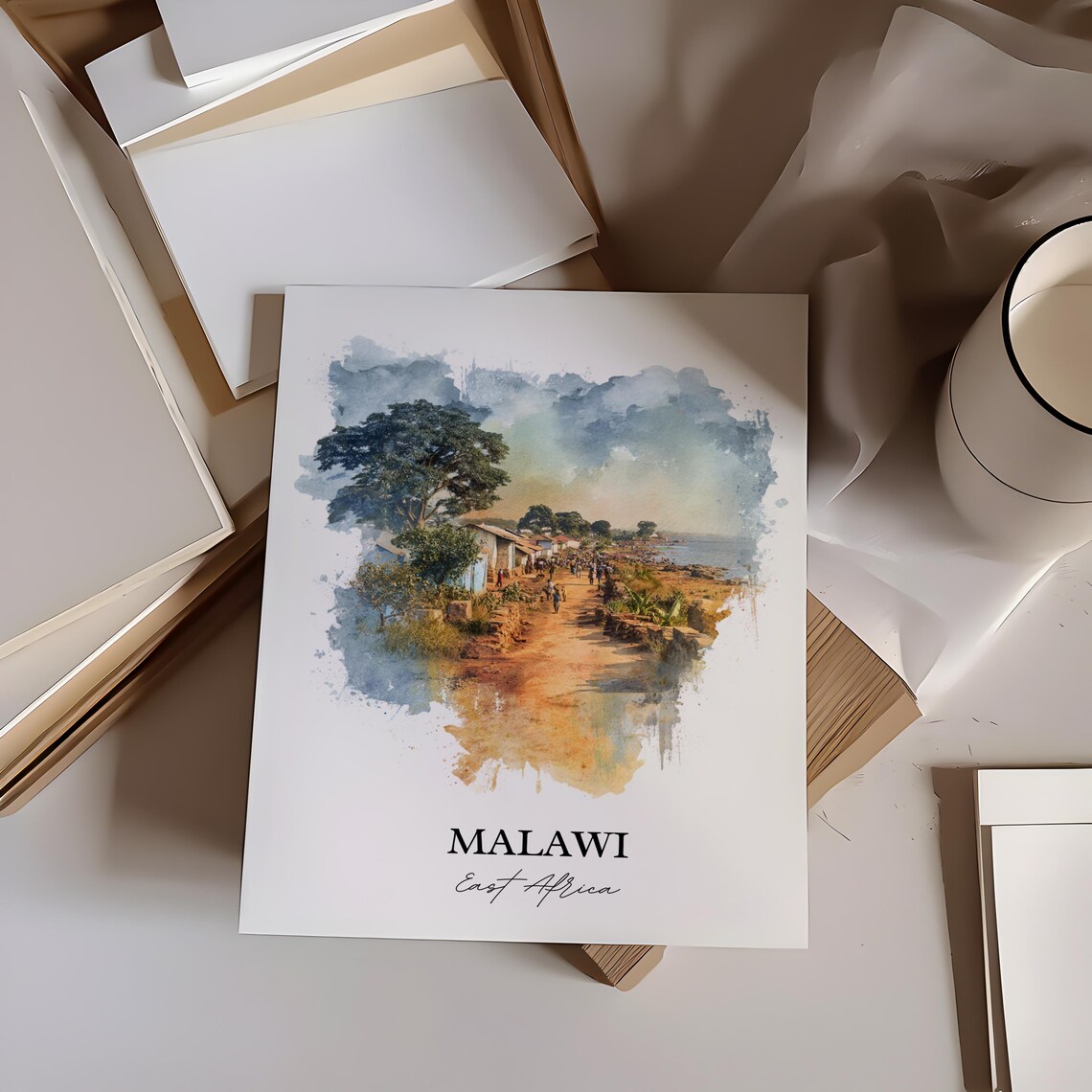 Malawi East Africa Lakeside Village Road Watercolor Travel Poster - Image 3