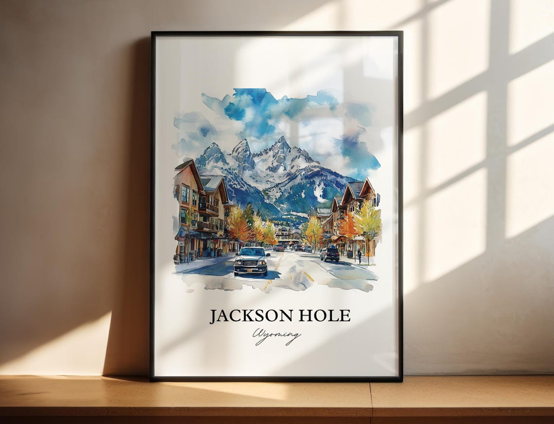 Jackson Hole Wyoming Watercolor Mountain Main Street Scene Poster