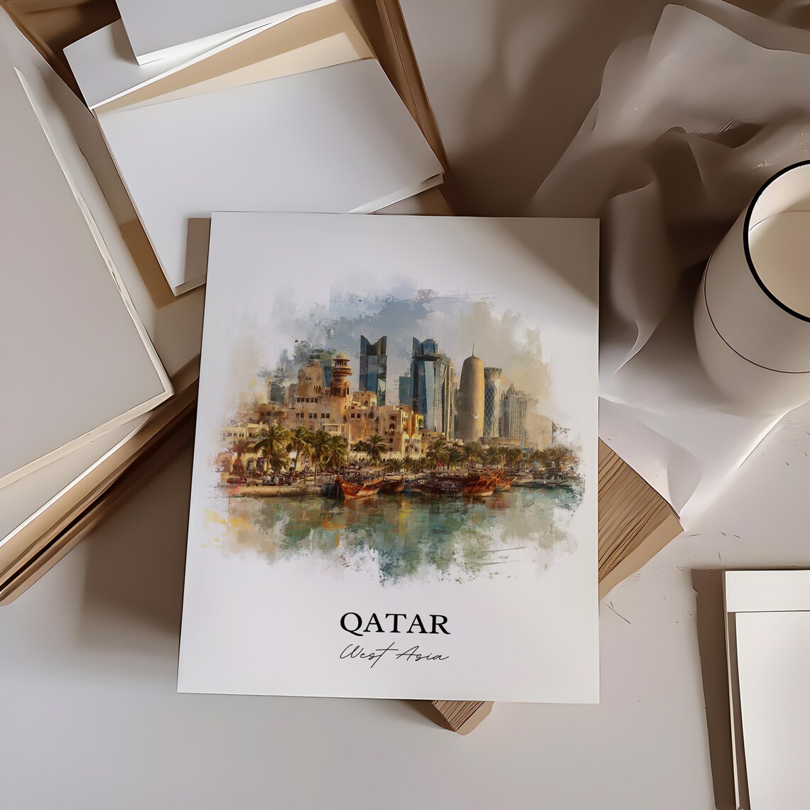 Qatar West Asia Waterfront Skyline Dhow Boats Watercolor Travel Poster - Image 2