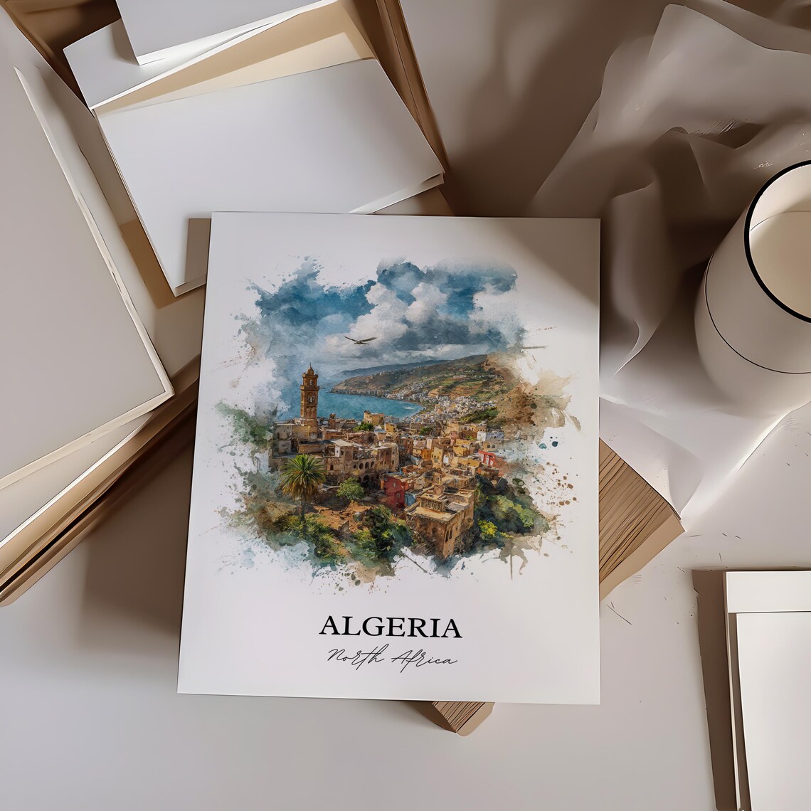 Algeria North Africa Seaside Old Town Watercolor Travel Poster - Image 3