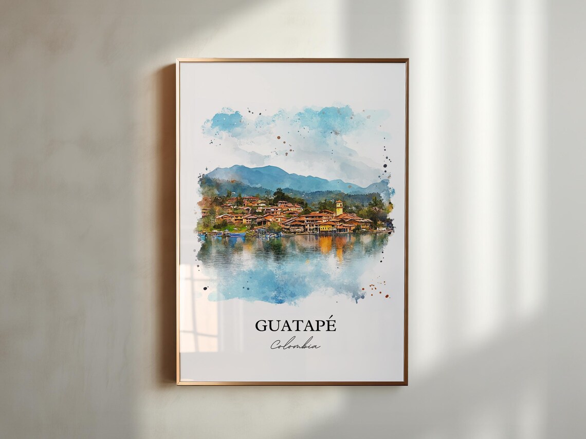Guatape Colombia Lakeside Town Church Tower Mountain Watercolor Poster - Image 5