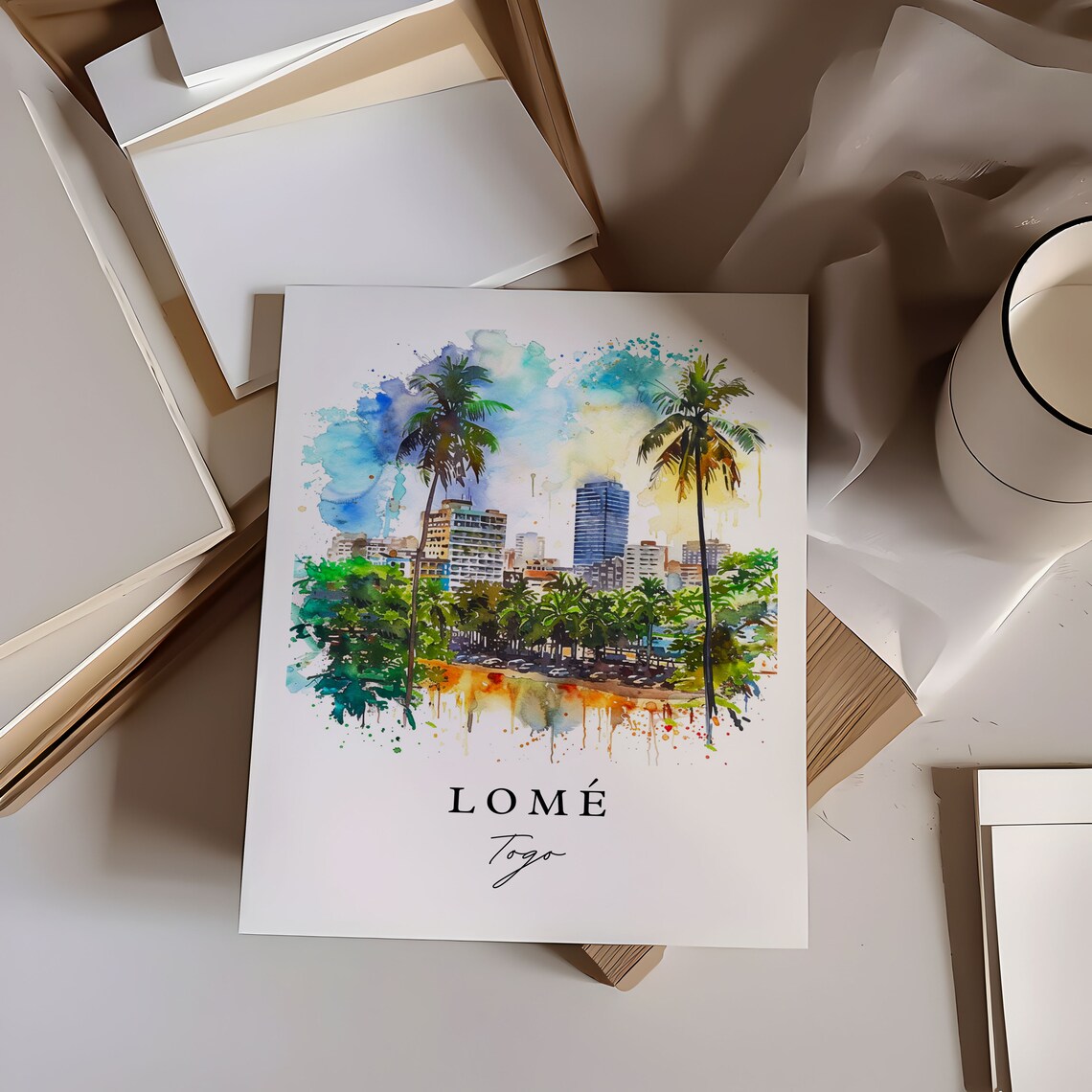 Lome Togo Watercolor Skyline Palm Waterfront West Africa Art Poster - Image 7