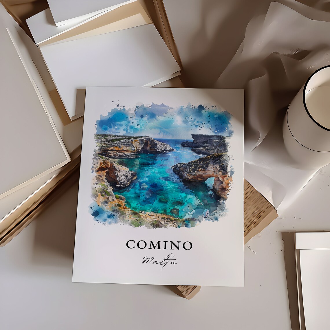 Comino Malta Turquoise Lagoon Cove Island Watercolor Travel Poster - Image 6