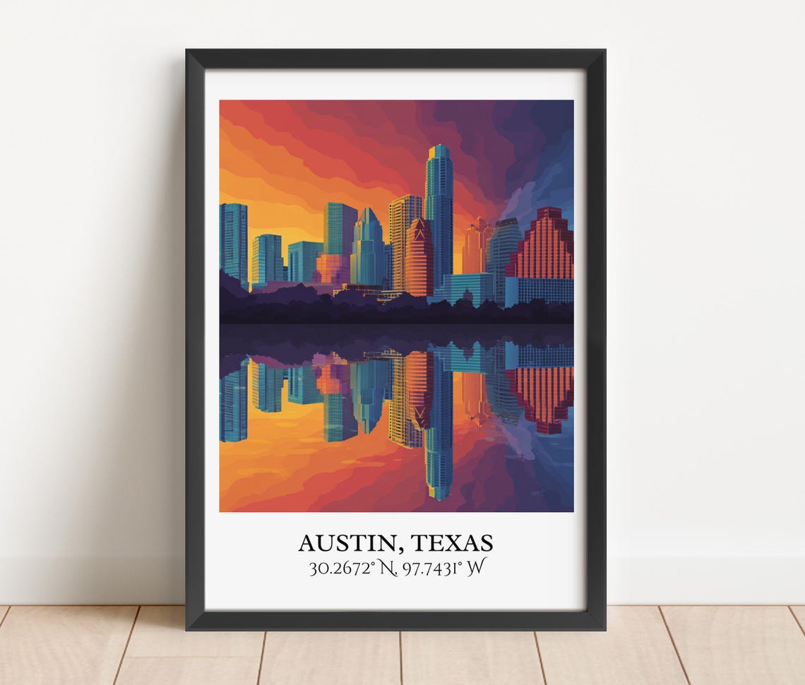 Austin Texas Sunset Skyline Reflection Downtown Travel Poster - Image 2