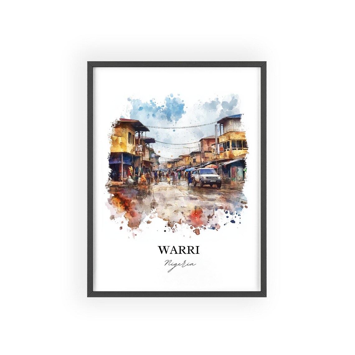 Warri Nigeria Watercolor Busy Market Street Scene Art Poster - Image 2