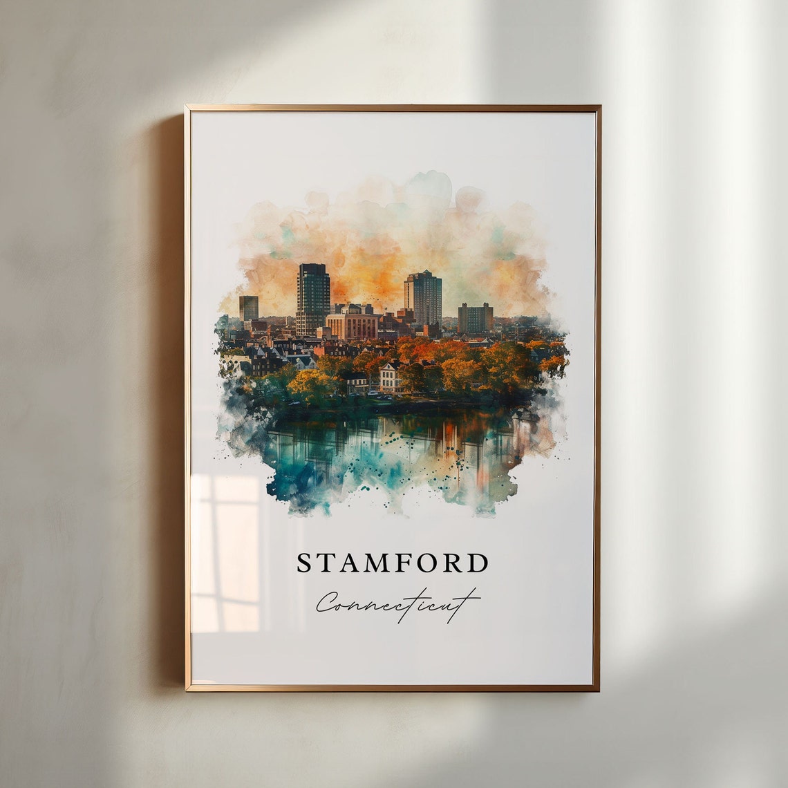 Stamford Connecticut Skyline Reflection Watercolor City Art Poster