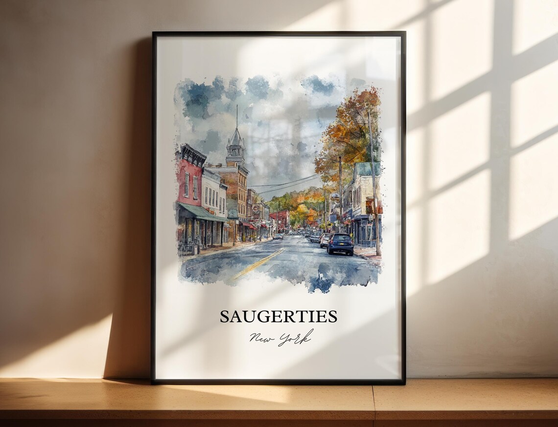 Saugerties New York Autumn Main Street Clock Tower Watercolor Poster
