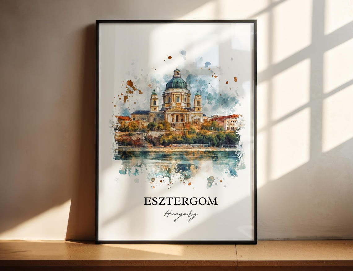 Esztergom Hungary Watercolor Basilica Dome Danube River View Poster