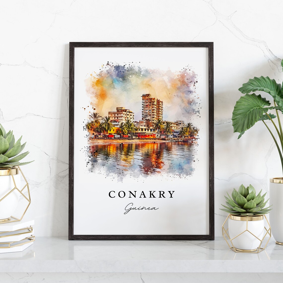 Conakry Guinea Waterfront Cityscape Watercolor Travel Poster - Image 4