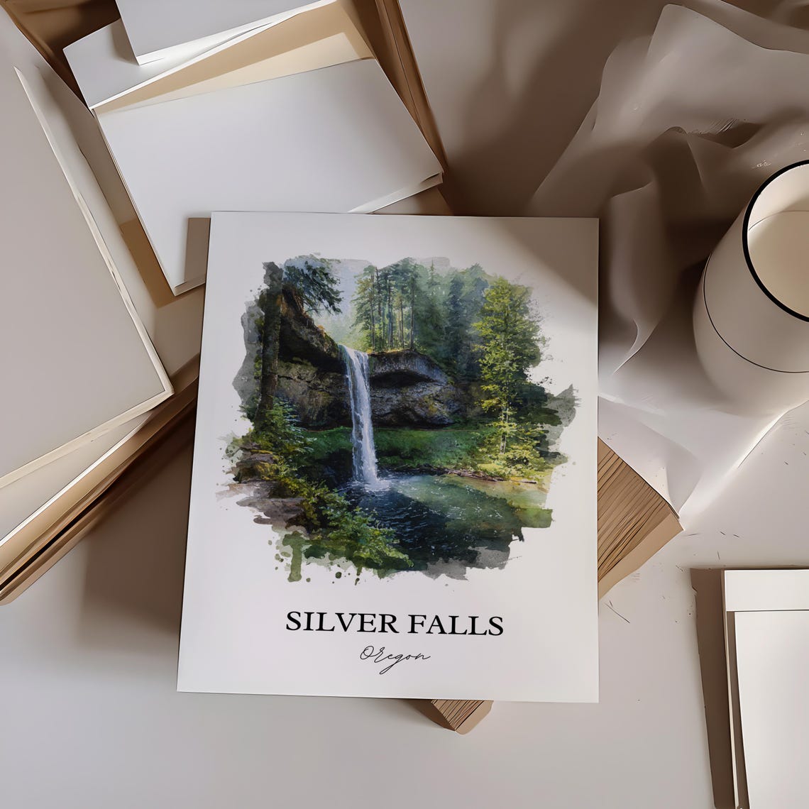 Silver Falls Oregon Marion County Forest Waterfall Watercolor Poster - Image 3