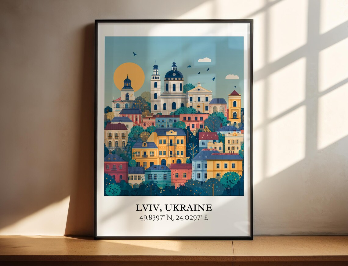 Lviv Ukraine Old Town Church Domes Sunset Retro Travel Poster