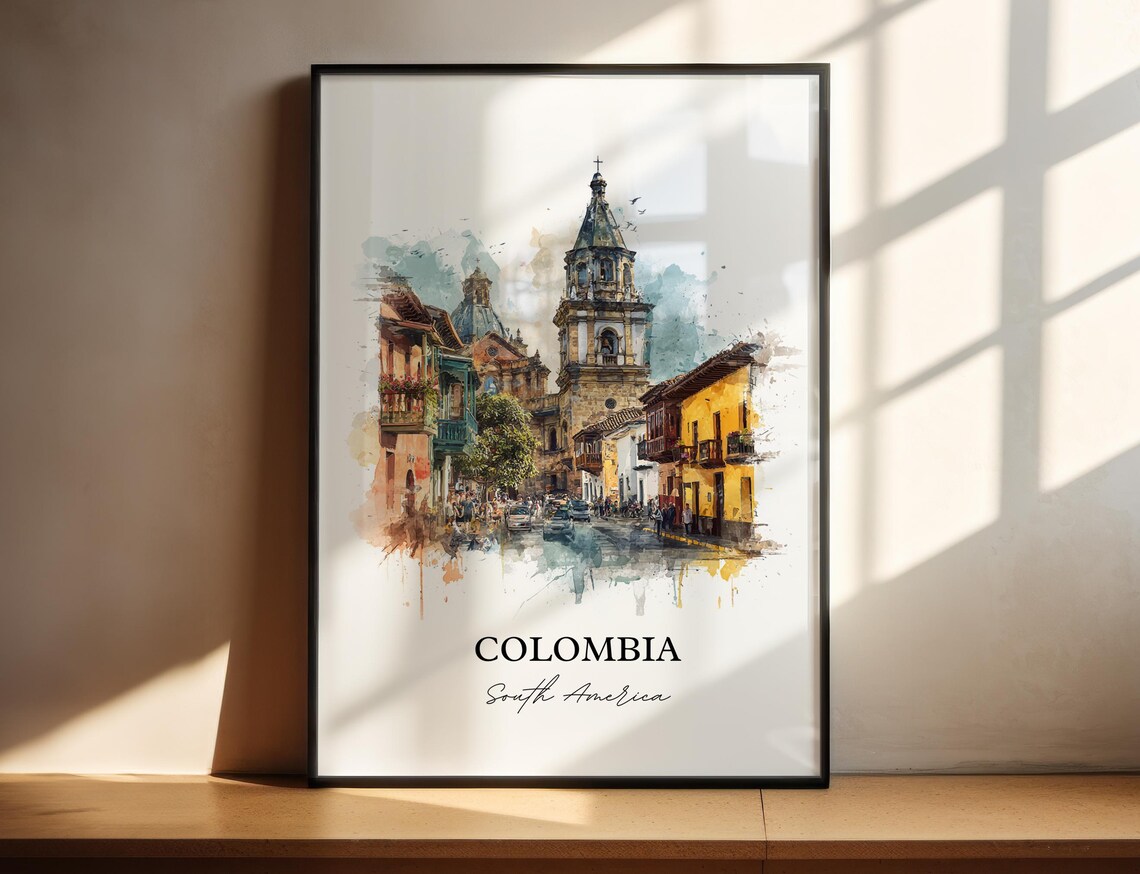Colombia Watercolor Colonial Old Town Cathedral Street Travel Poster