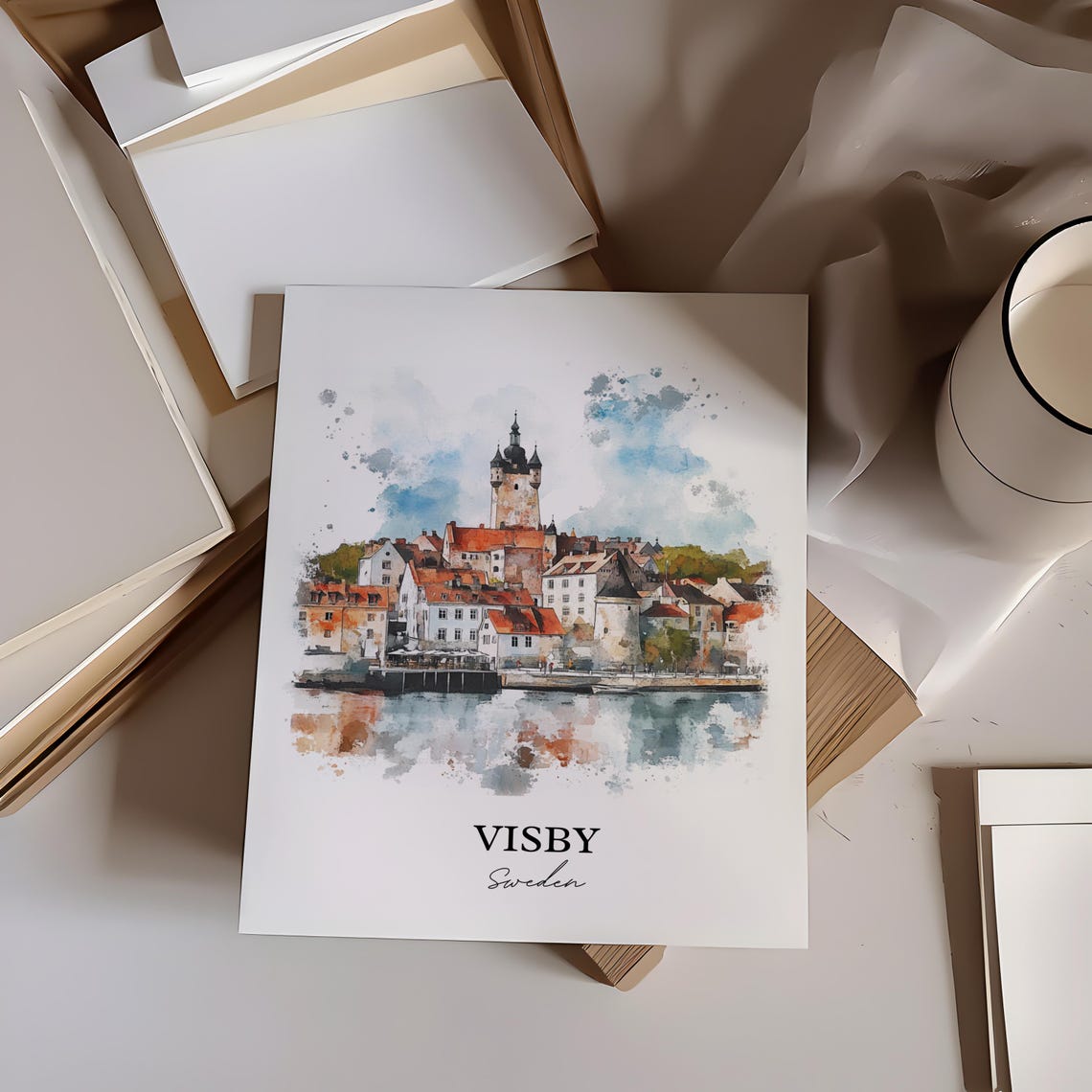 Visby Sweden Medieval Town Tower Watercolor Harbor Travel Poster - Image 4