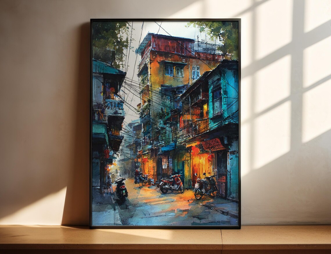 Hanoi Vietnam Watercolor Old Street Motorbikes Travel Poster