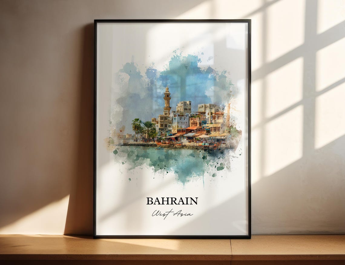 Bahrain West Asia Waterfront Old Town Boats Watercolor Travel Poster