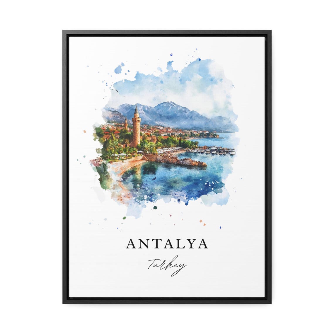 Antalya Turkey Watercolor Old Harbor Coast Mountain Travel Poster - Image 3