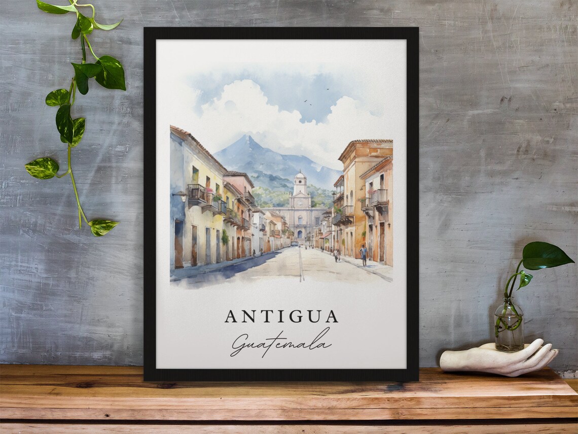 Antigua Guatemala Watercolor Colonial Street Volcano View Poster - Image 3
