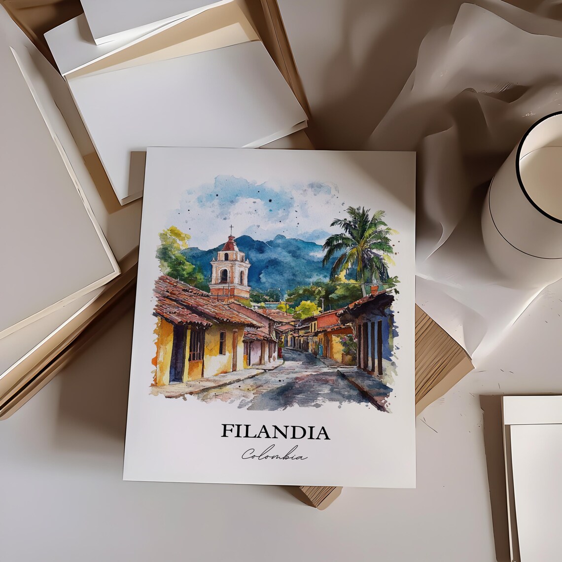 Filandia Colombia Cobblestone Street Church Tower Watercolor Poster - Image 4