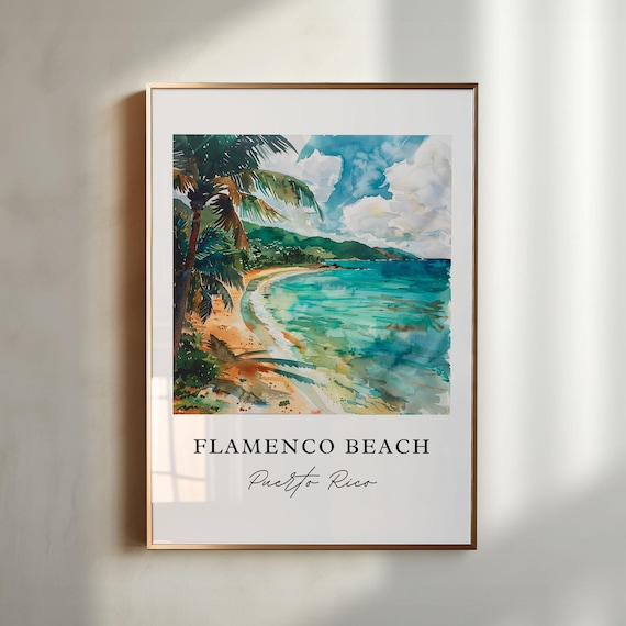 Flamenco Beach Puerto Rico Palm Cove Watercolor Travel Art Print
