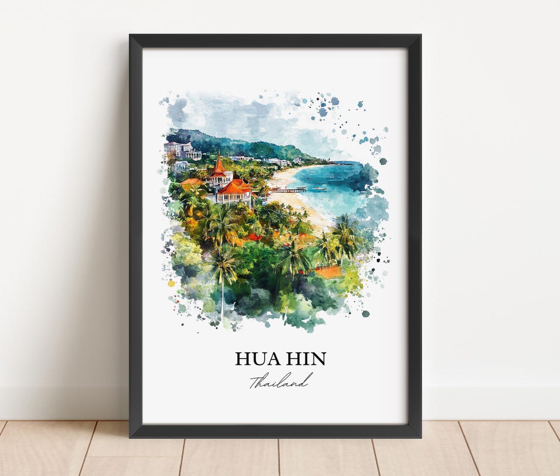 Hua Hin Thailand Watercolor Beach Palm Trees Seaside Art Poster - Image 5