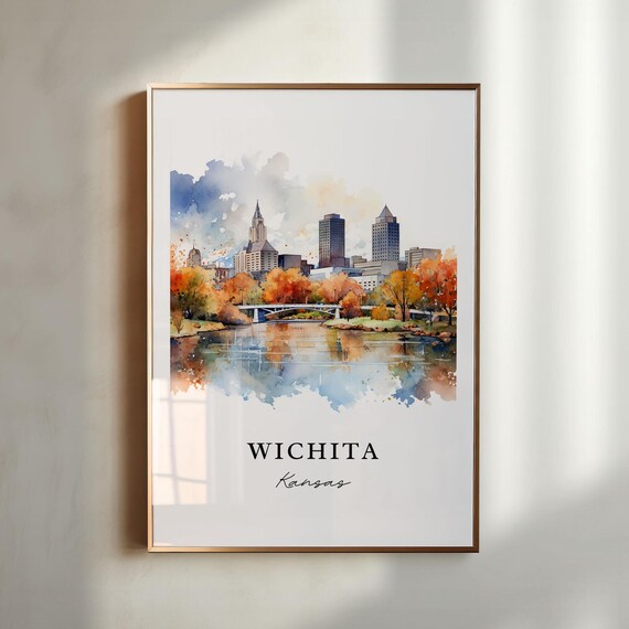 Wichita Kansas Autumn Riverfront Skyline Bridge Watercolor Poster