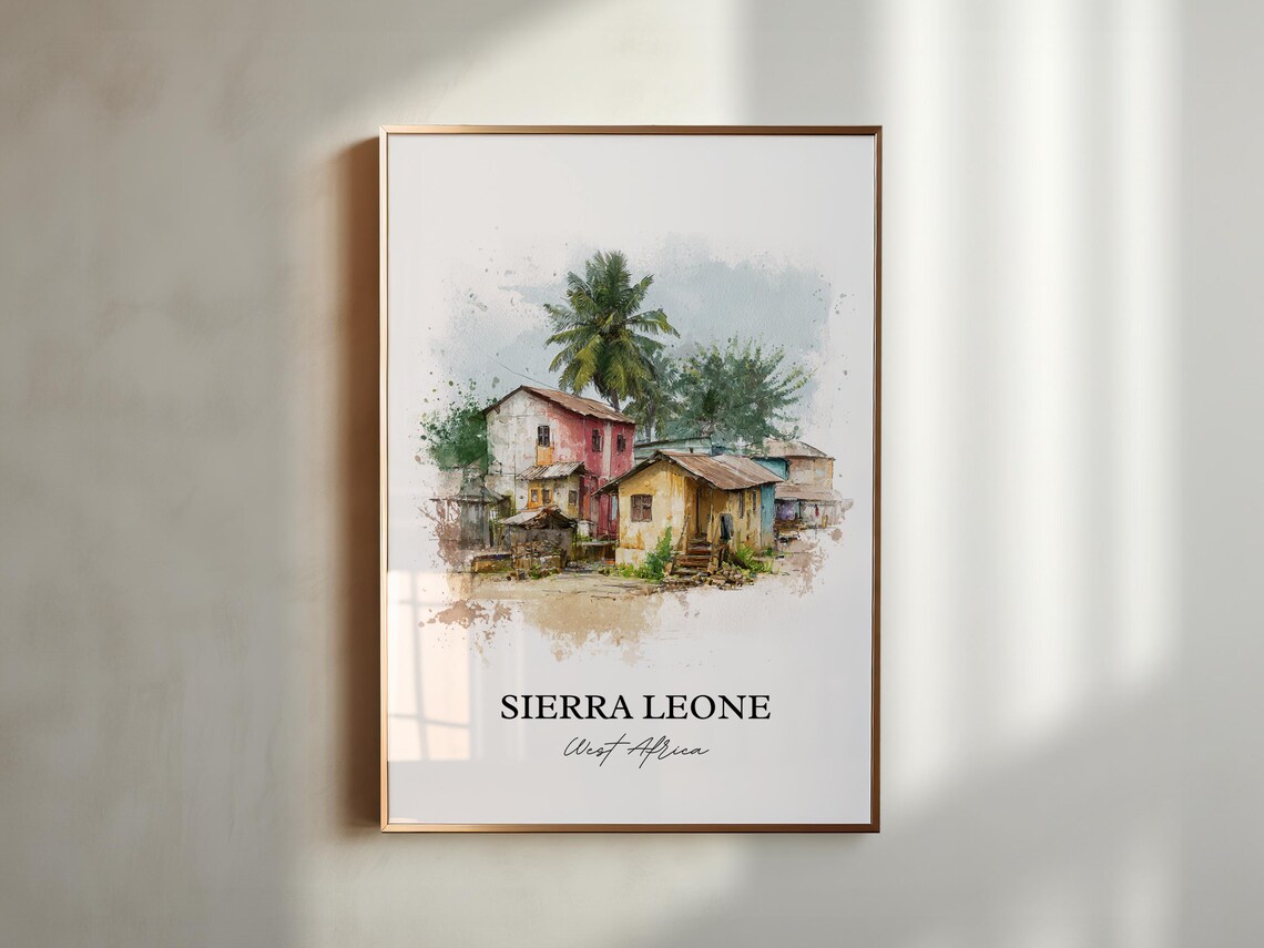 Sierra Leone West Africa Village Palms Watercolor Travel Poster - Image 3