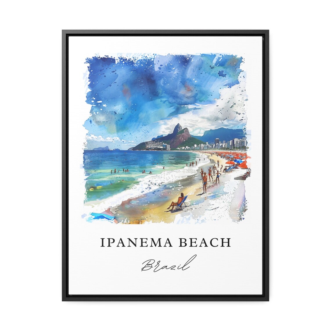 Ipanema Beach Brazil Mountain Backdrop Shoreline Watercolor Art Poster - Image 2