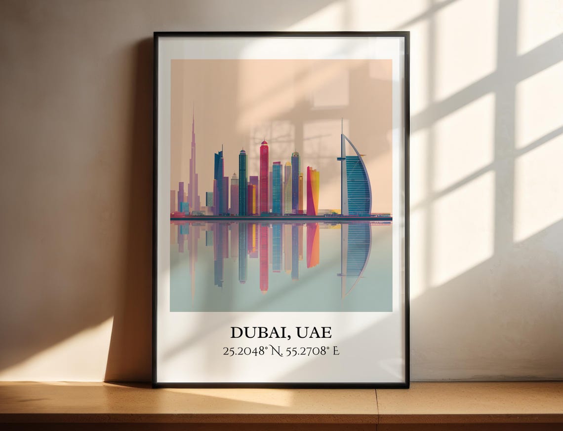 Dubai UAE Skyline Water Reflection Modern Towers Minimalist Poster
