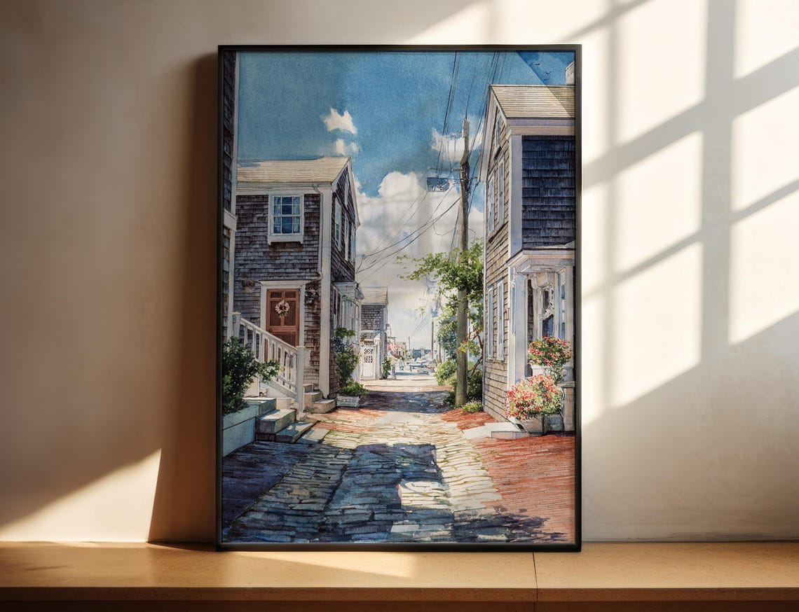 Nantucket Massachusetts Cobblestone Street Watercolor Travel Poster